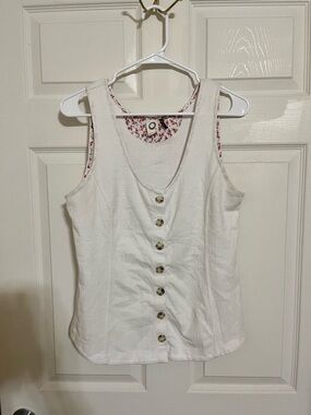 Anthropologie White Button-Front Tank with Floral Trim